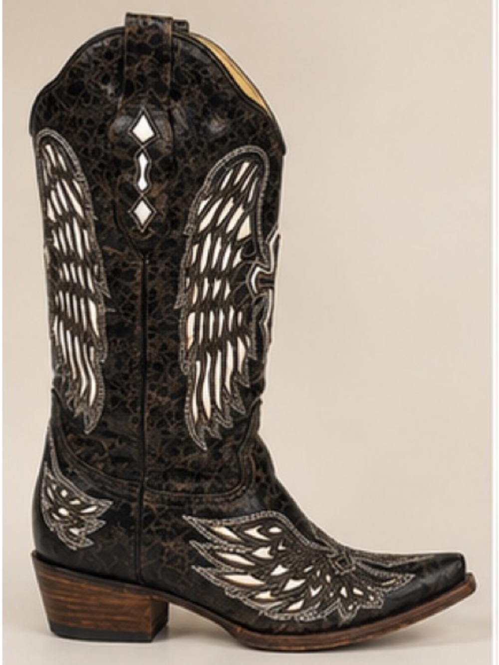 HANDCRAFTED DISTRESSED CORRAL CROSS & WINGS BOOTS 8.5